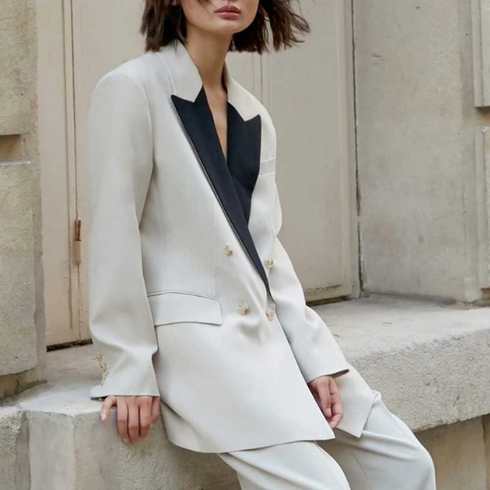 Oversized Cream Double Breasted Blazer Black Lapel Size Large Pixie Market Luis